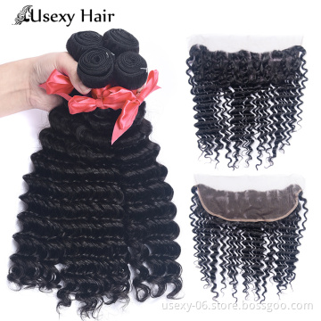 Usexy Wholesale Raw Indian Hair Vendors Cuticles Aligned Hair 3 Bundles With Lace Frontal Virgin Human Hair